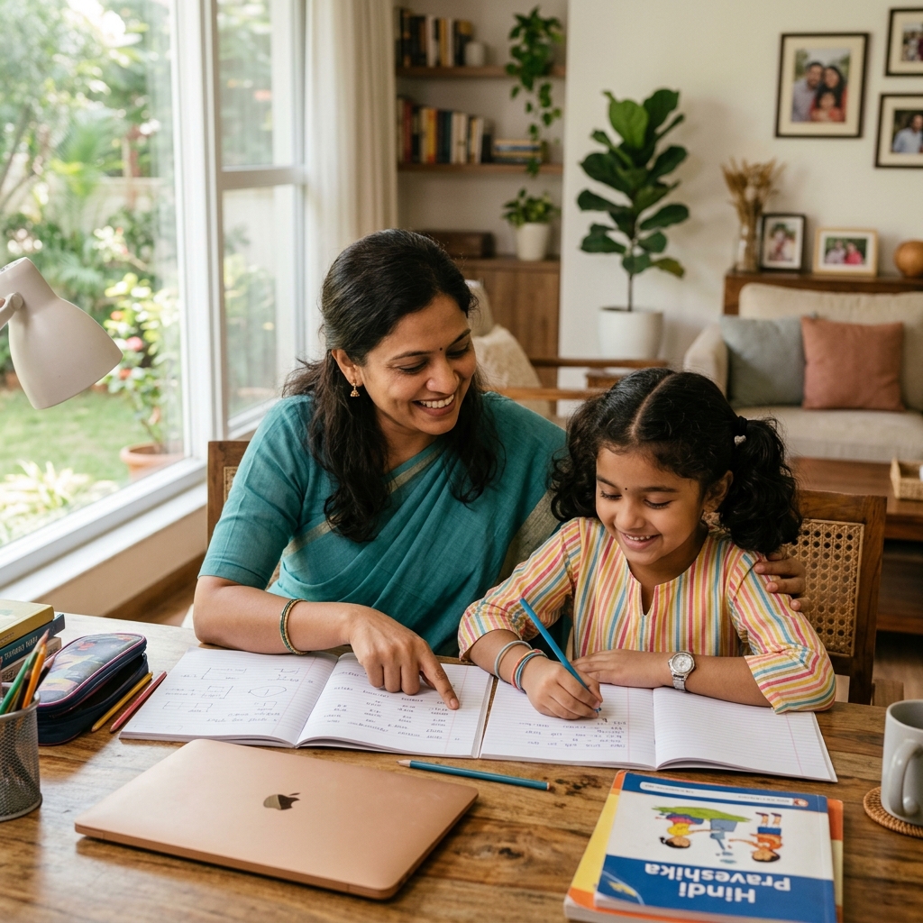 Mother and daughter studying